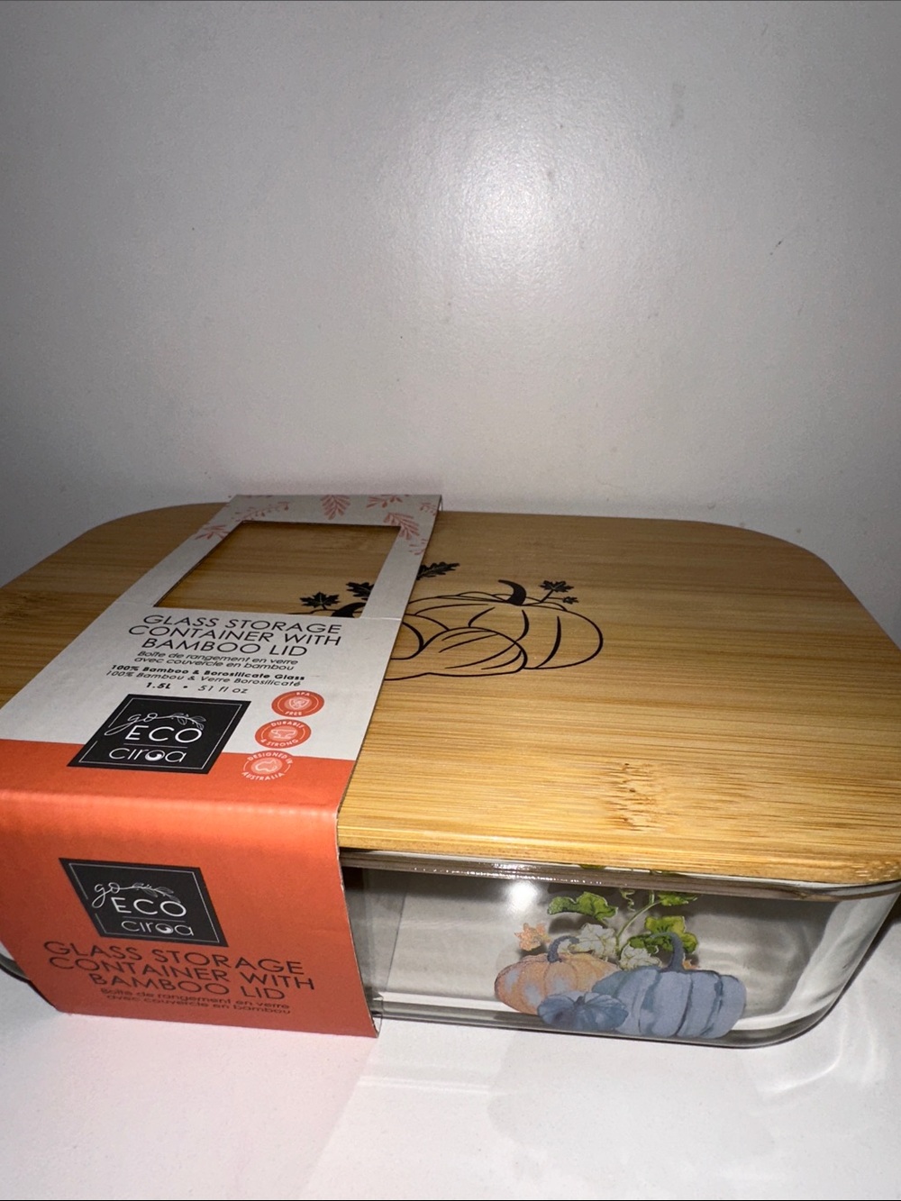 Eco Ciroa Glass Storage Container with Bamboo Lid - Pumpkin Design